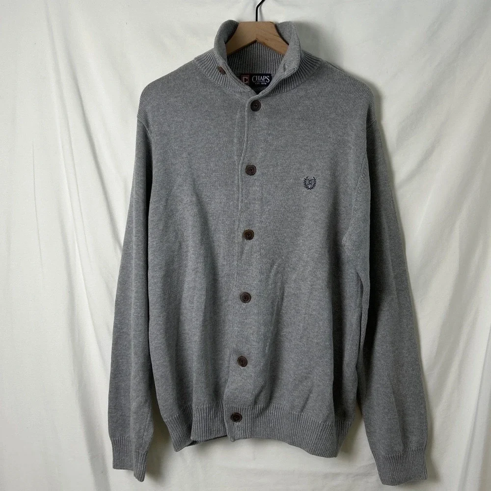 Chaps Mens Gray Button Up Cardigan Sweater Size L Cotton Preppy Academia Casual